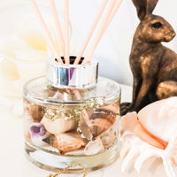 Coast 165ml reed diffuser with shells and small white dried flowers is on a white surface next to a large white shell, a white flower and a bronze hare ornament.