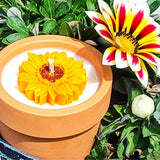 Hygge sunflower candle in a terracotta plant pot next to outdoor brightly coloured flowers.