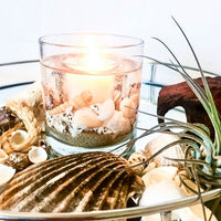Coast Soy Wax Scented Candle Gel Tumbler.  A revitalising blend evocative of brisk coastal walks, ozonic sea air, sea shells and driftwood. Invigorating and uplifting. Hand decorated with shells. Reusable, comes with soy wax refill.
